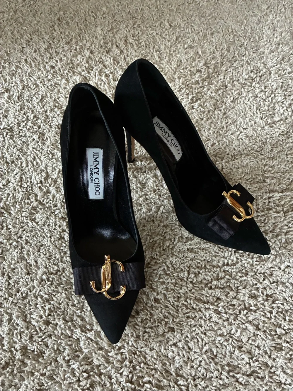 Jimmy Choo Black Pointed Toe Bow Pumps with Gold CC Emblem - Picture 6 of 12